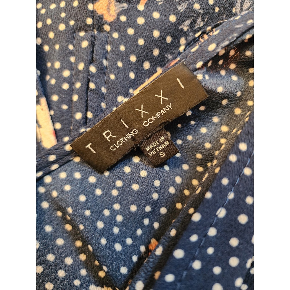 Trixxi Navy Blue Polka Dot Floral Romper Short Sleeve Tie Back Size S 12W6235PVD - Picture 3 of 5